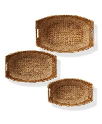 Set of 3 Oval Baskets with Handles - Natural, Water Hyacinth Woven Storage Totes for Blankets, Laundry, Bathroom, Bedroom, Living Room