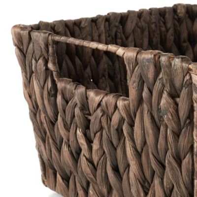 Set of 4 Water Hyacinth Storage Baskets with Handles - Espresso, 12" x 9" x 6" Rectangular Storage Bins for Organizing Shelves, Blankets, Laundry