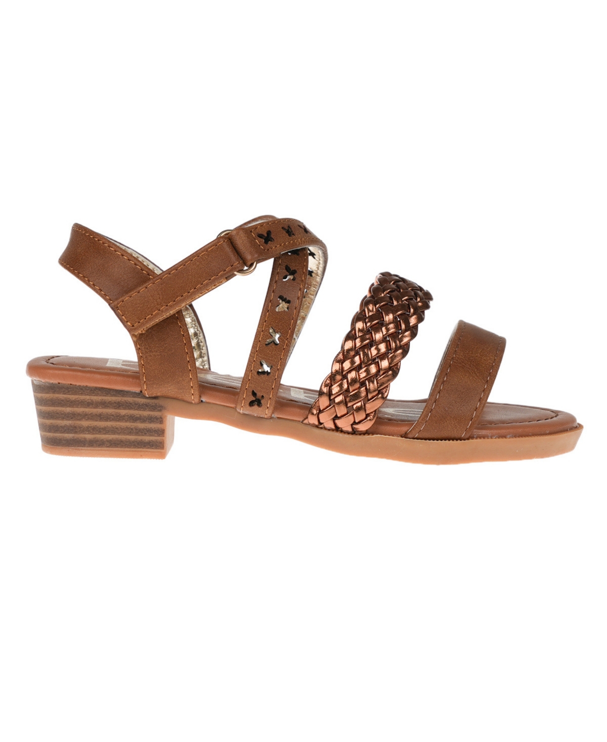 Bebe Big Girl's Stack Heel Sandal With Metallic Weaved Strap And Butterfly Chop Out Polyurethane Sandals In Brown
