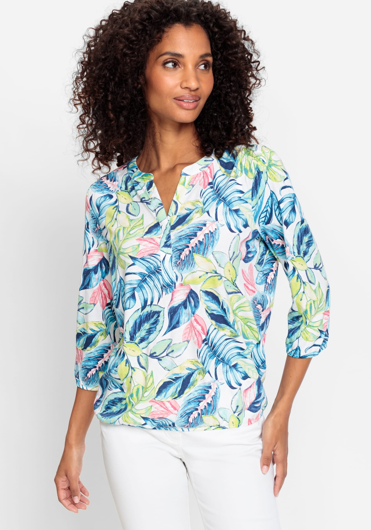 Olsen Women's 3/4 Sleeve Tropic Print Tunic Tee