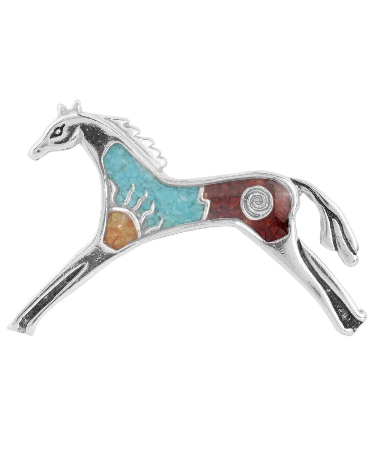Sterling Silver Multi-Gemstone Inlay Day or Night Horse Pin - Turquoise/jasper