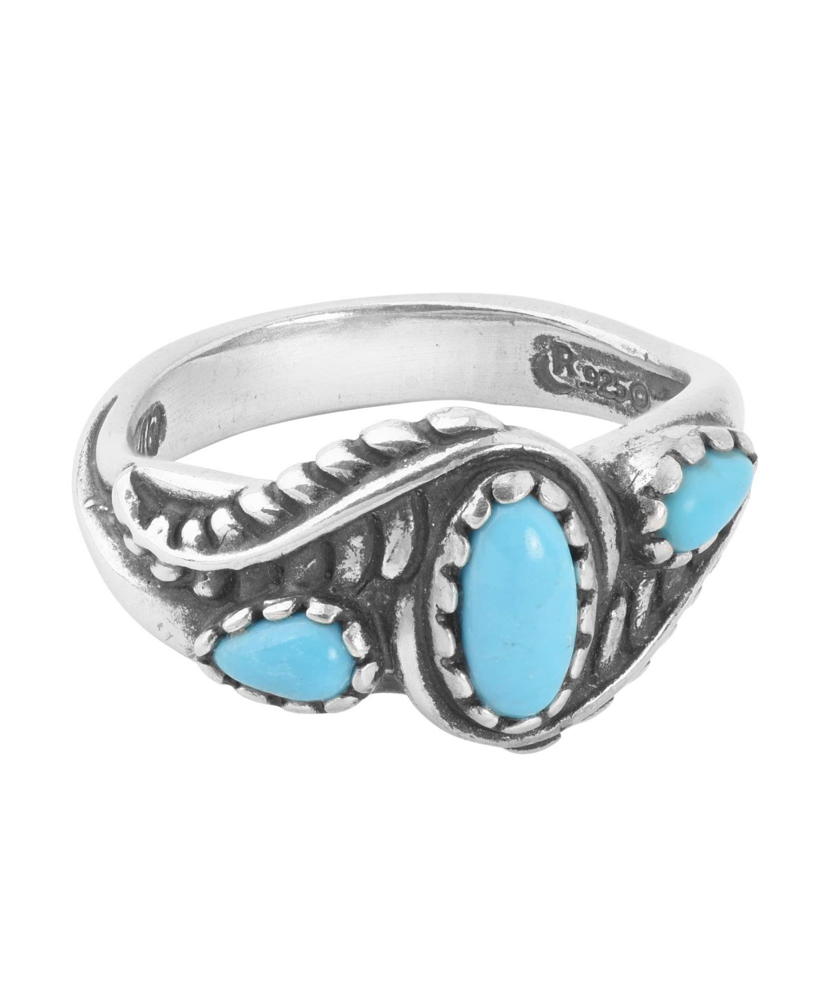 Sterling Silver and Genuine Gemstone Leaf Rosette Design 3-Stone Ring, Sizes 5-10 - Blue turquoise