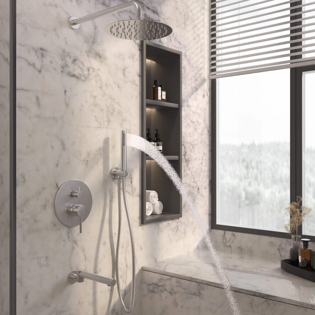 Mondawe 10-Inch Three-function Wall-mounted Round Shower Set With Swivel Bathtub Spout in Brushed Gold