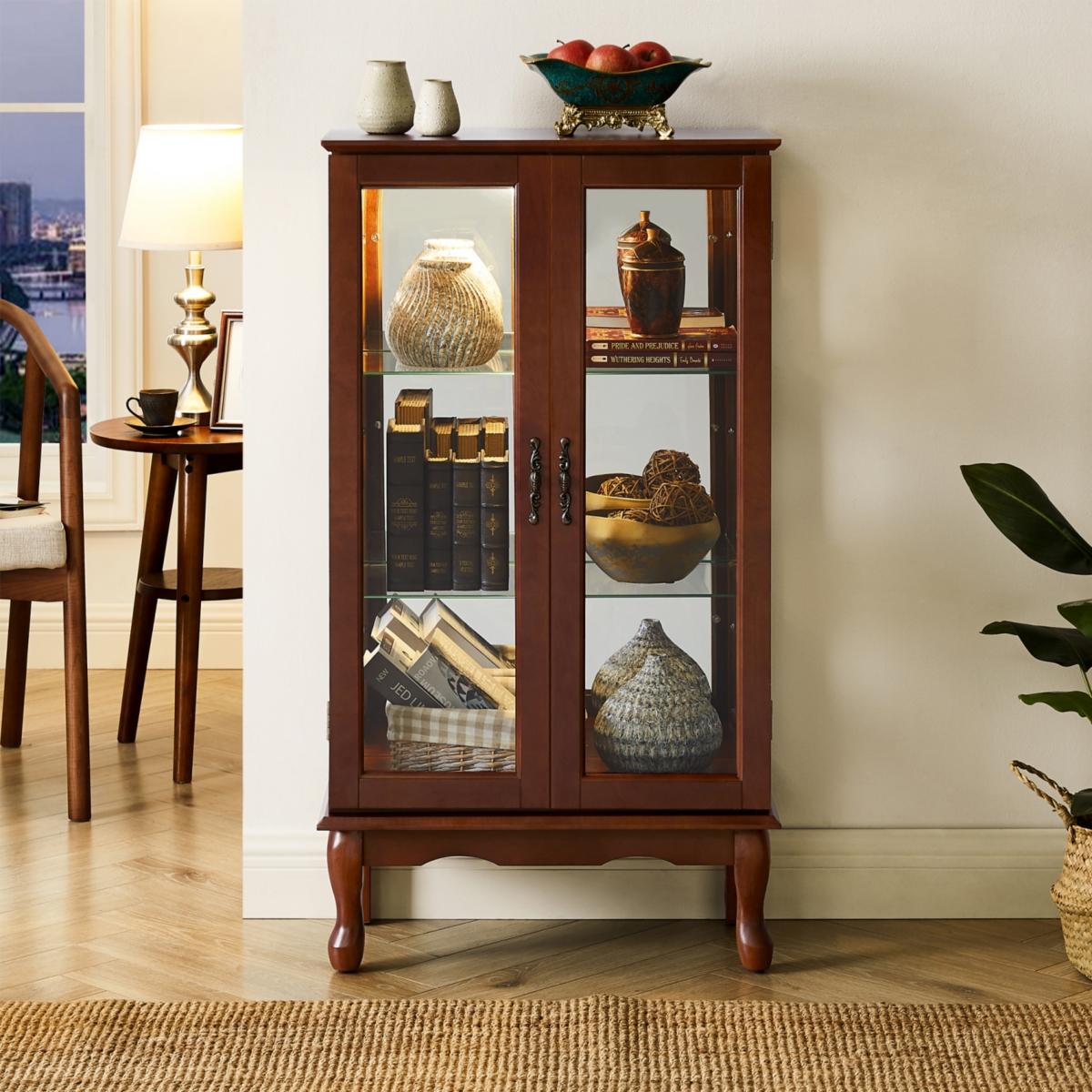 Streamdale Furniture Curio Cabinet Lighted Curio Diapaly Cabinet With Adjustable Shelves And Mirrored Back Panel