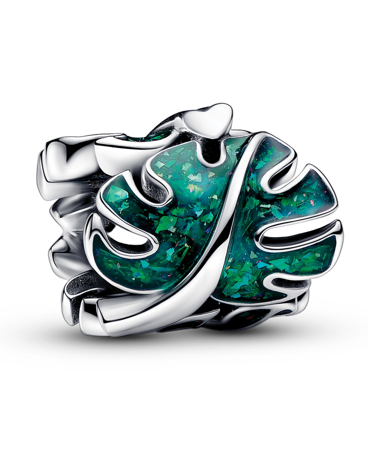 Pandora Sterling Silver Green Monstera Leaves Charm In Silver