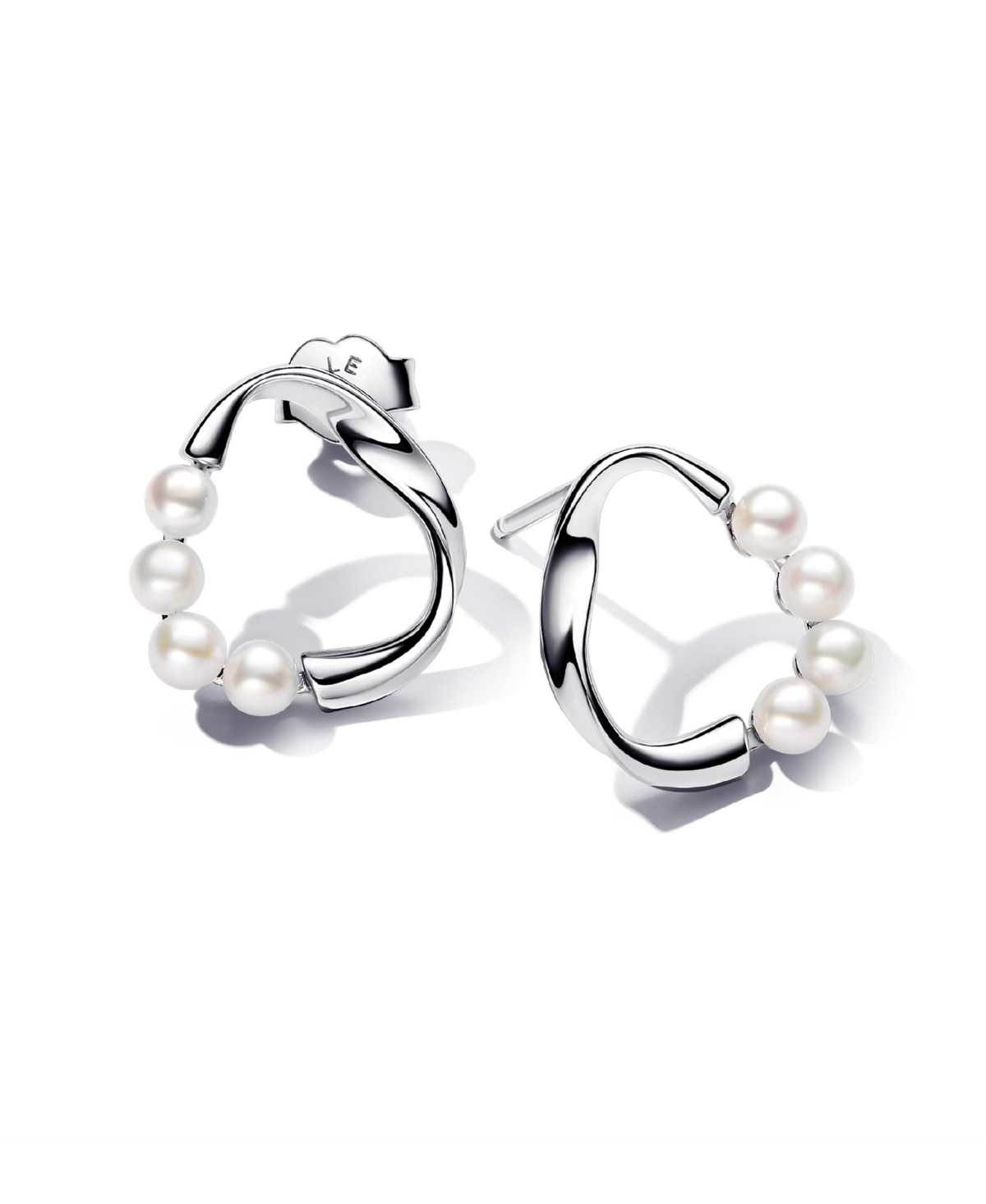 Silver Shaped Circle Treated Freshwater Cultured Pearls Stud Earrings - Silver