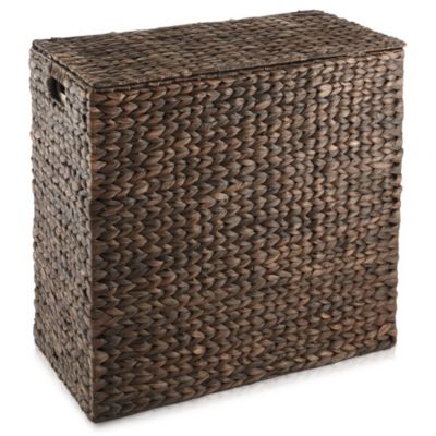 2-Section Laundry Hamper with Lid and Removable Liner Bags - Natural, Woven Water Hyacinth Laundry Basket for Clothes
