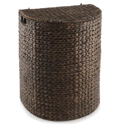 Half Moon Laundry Hamper with Lid and Removable Liner Bag - Espresso Dark Brown, Woven Water Hyacinth Laundry Basket Sorter for Clothes