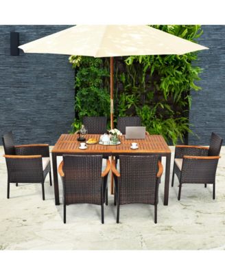 7PCS Rattan Outdoor Dining Set Patio Furniture Set w/ Cushions Umbrella Hole