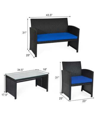 4PCS Rattan Outdoor Conversation Set Patio Furniture Set w/ Navy Cushions