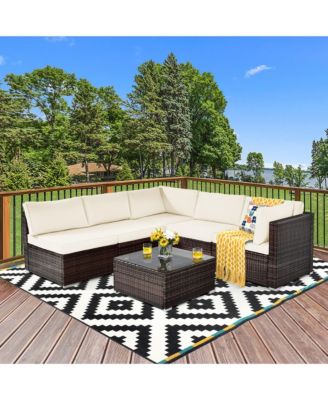 6PCS Rattan Outdoor Sectional Sofa Set Patio Furniture Set w/ White Cushions