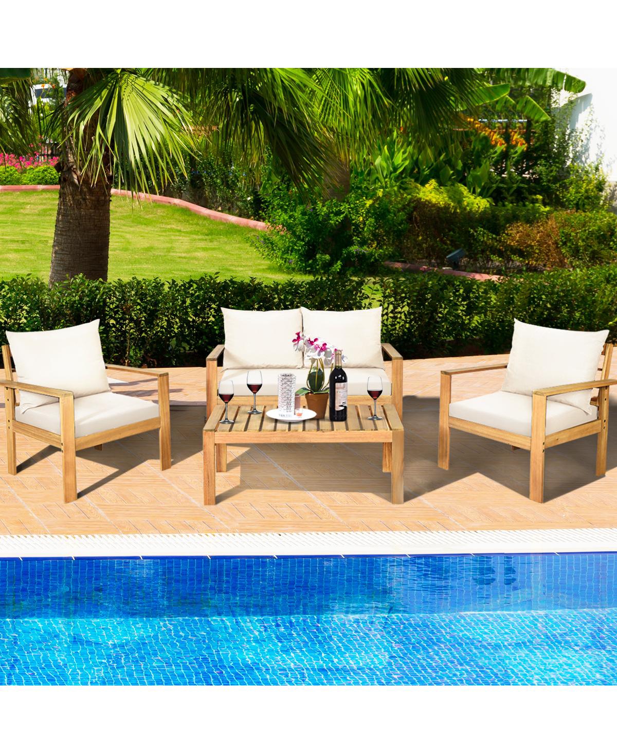 Gymax 8PCS Patio Acacia Wood Conversation Furniture Set w/ Off White Cushions