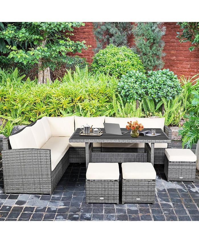 Gymax 7PCS Rattan Patio Sectional Sofa Set Conversation Set w/ White