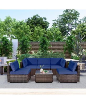6PCS Rattan Outdoor Sectional Sofa Set Patio Furniture Set w/ Navy Cushions