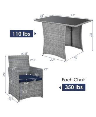 3PCS Outdoor Rattan Conversation Set Patio Dining Table Set w/ Navy Cushions