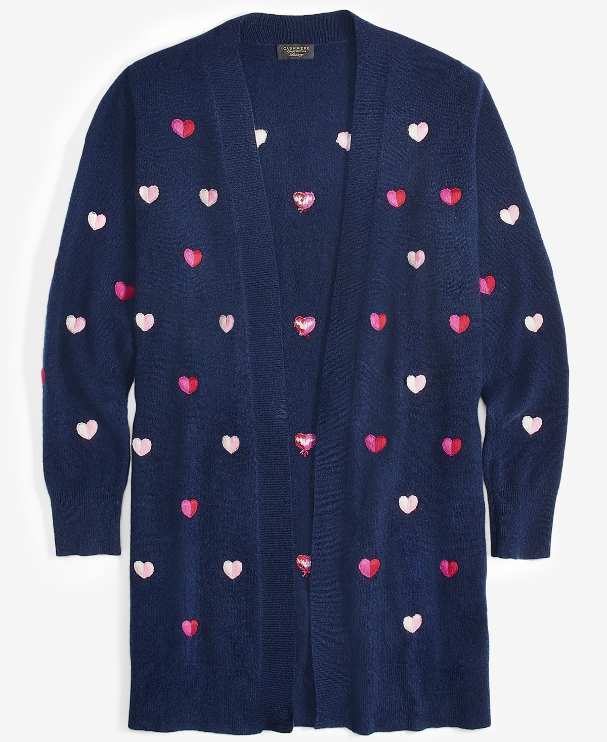 Charter Club Women's Petite Cashmere Heart-embroidered Long Open Cardigan, Created For Macy's In Admiral Navy Combo