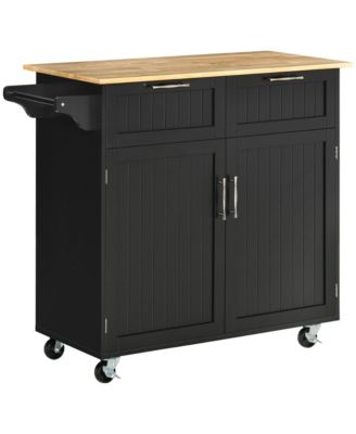 41" Modern Rolling Kitchen Island on Wheels, Utility Cart Storage Trolley with Rubberwood Top & Drawers, Black