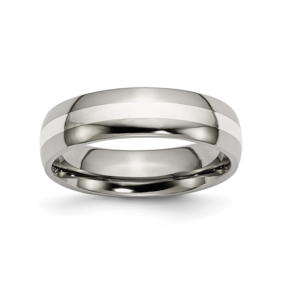 Titanium Polished with Sterling Silver Inlay Wedding Band Ring - White