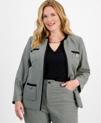 Anne Klein - Plus Size Houndstooth Print Open Front Blazer