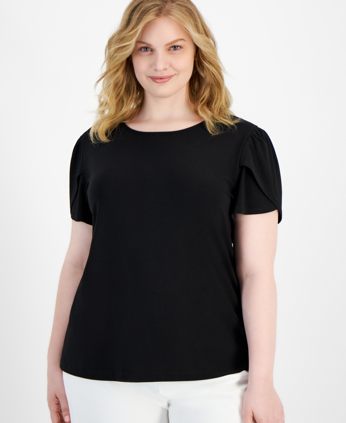Anne Klein Plus Size Tulip-Sleeve Top - Anne Black