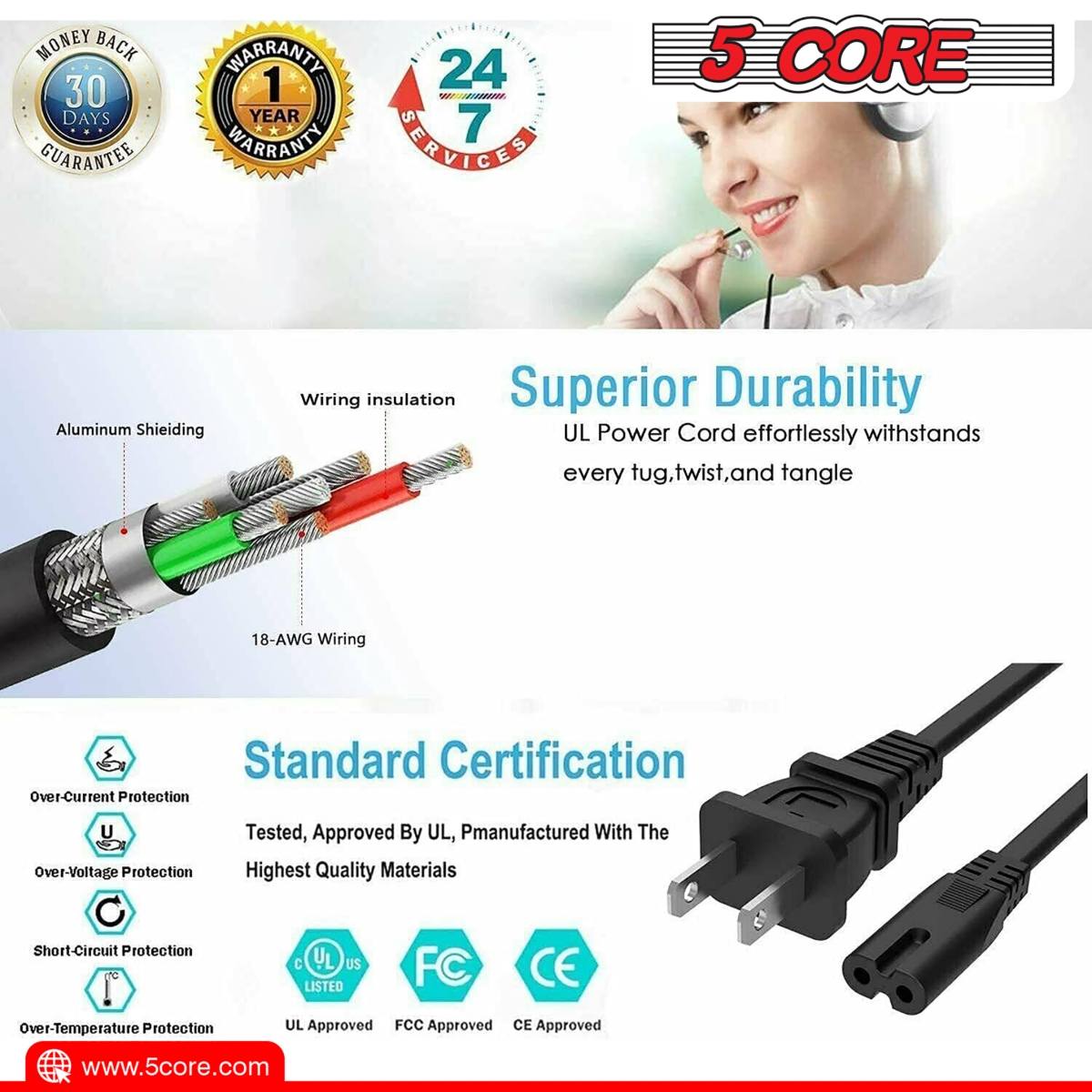 5 Core 2 Prong Extension Power Cord 12 Feet Durable Two Prong Extension Cable Us Ac Extension - Pp 1002