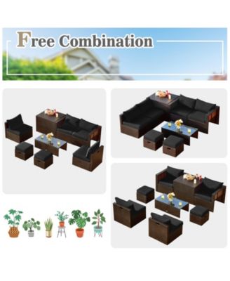 8 Pieces Patio Space-Saving Rattan Conversation Sets with Storage Box and Waterproof Cover