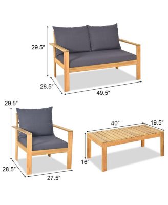 Outdoor 4 Pieces Acacia Wood Conversation Sets with Water Resistant Cushions