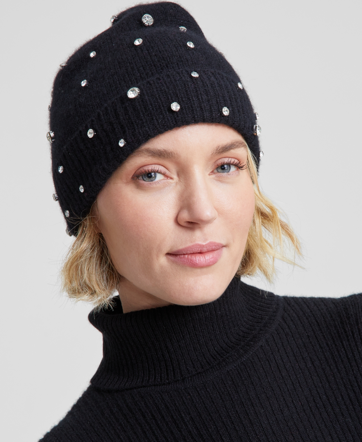 Cashmere Embellished Cuffed Beanie, Created For Macy's In Classic Black