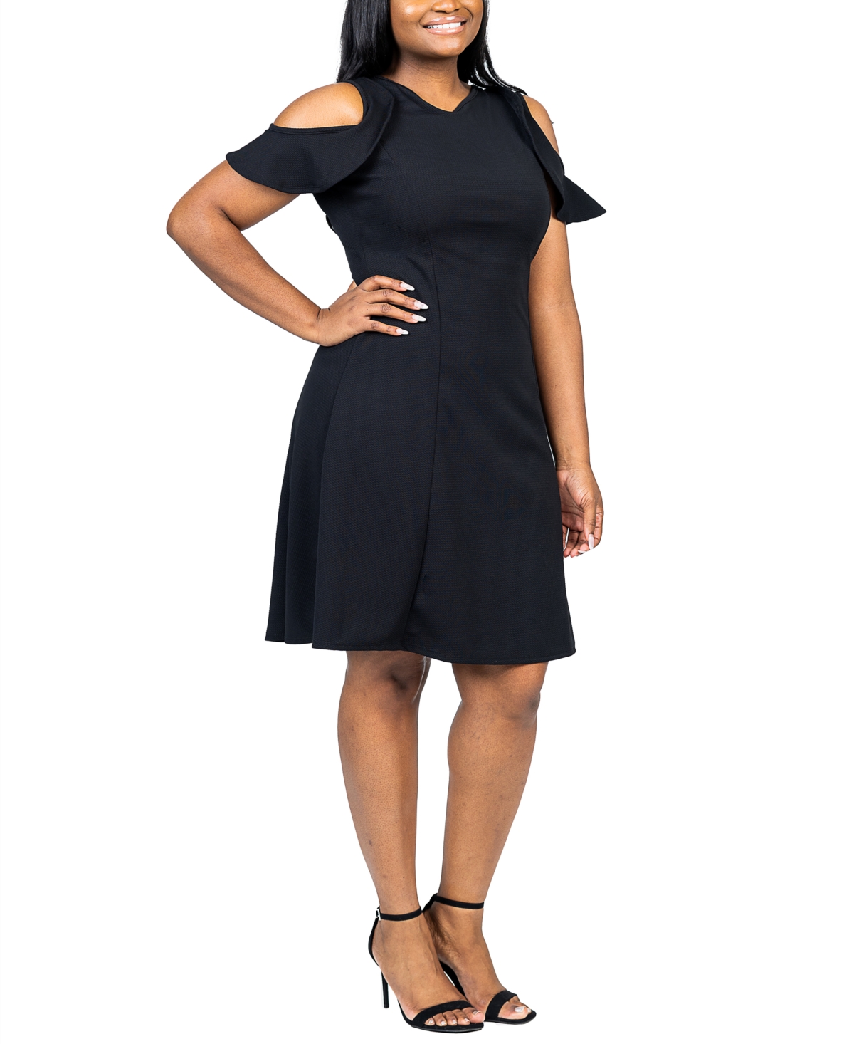 24seven Comfort Apparel Plus Size Ruffle Cold Shoulder A Line Dress