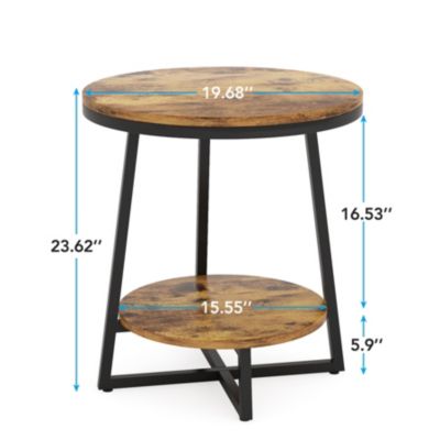 End Table, 2 Tier Round Side Table with Storage Shelf, Industrial Nightstand Bedside Table Coffee Accent Table for Living Room Bedroom Small Space