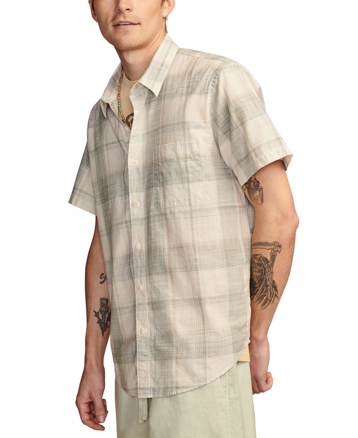 Lucky Brand Men's Plaid San Gabriel Short Sleeve 1 Pocket Shirt In Grey Plaid