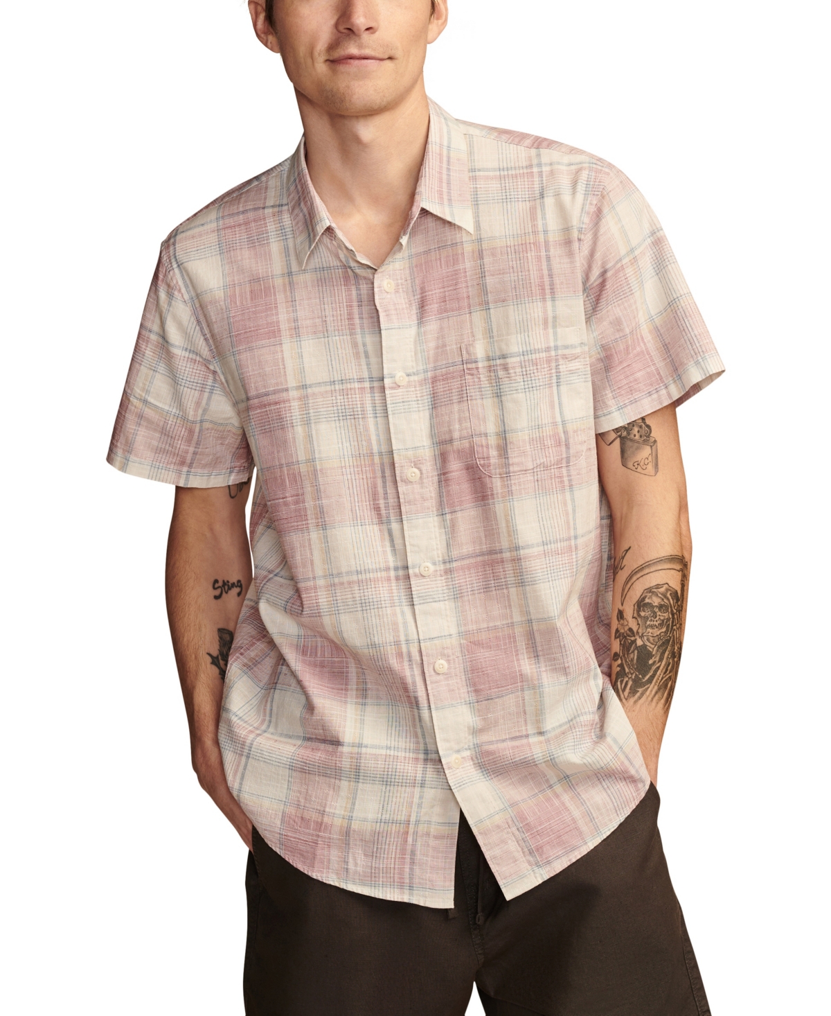 Lucky Brand Men's Plaid San Gabriel Short Sleeve 1 Pocket Shirt In Grey Plaid