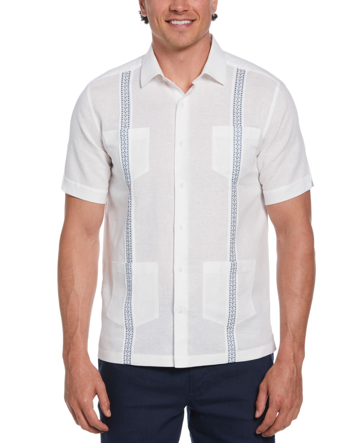 Men's Guayabera Short Sleeve Button-Front Embroidered-Panel Shirt - Brilliant