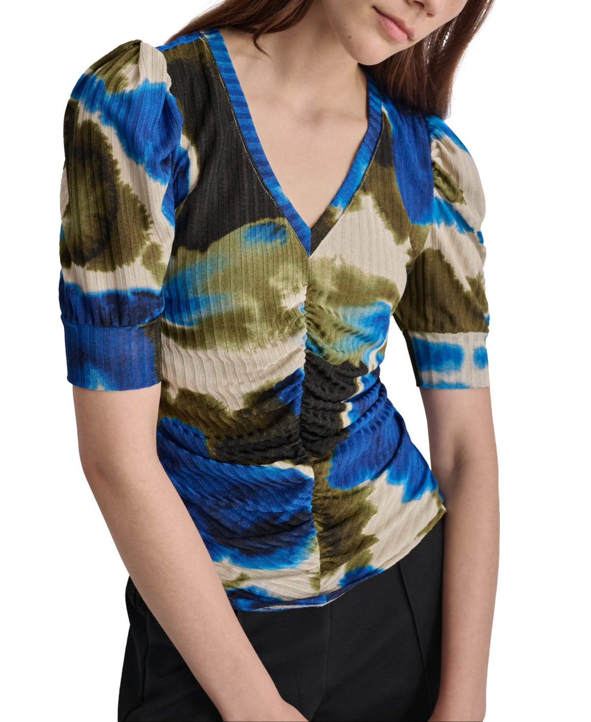 Dkny Women's Printed Puff-Sleeve Knit Top
