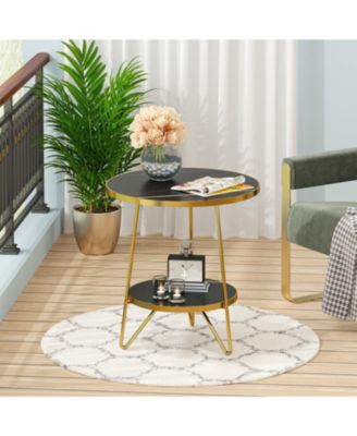 Faux Marble End Table, 2-Tier Round Side Table with Shelves, Modern Accent Table for Living Room or Bedroom
