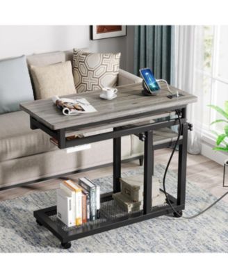 Small Portable Desk with Power Outlet, Height Adjustable Laptop Table with Wheels and USB Ports