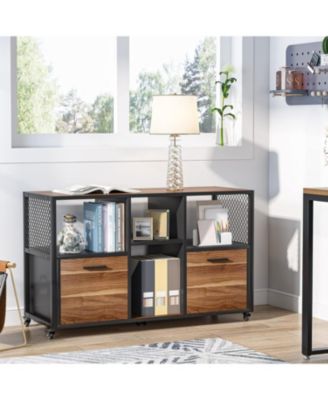 2-Drawer Wood File Cabinet with Open Shelves, Mobile Lateral Printer Stand for Letter/A4 Size Home Office