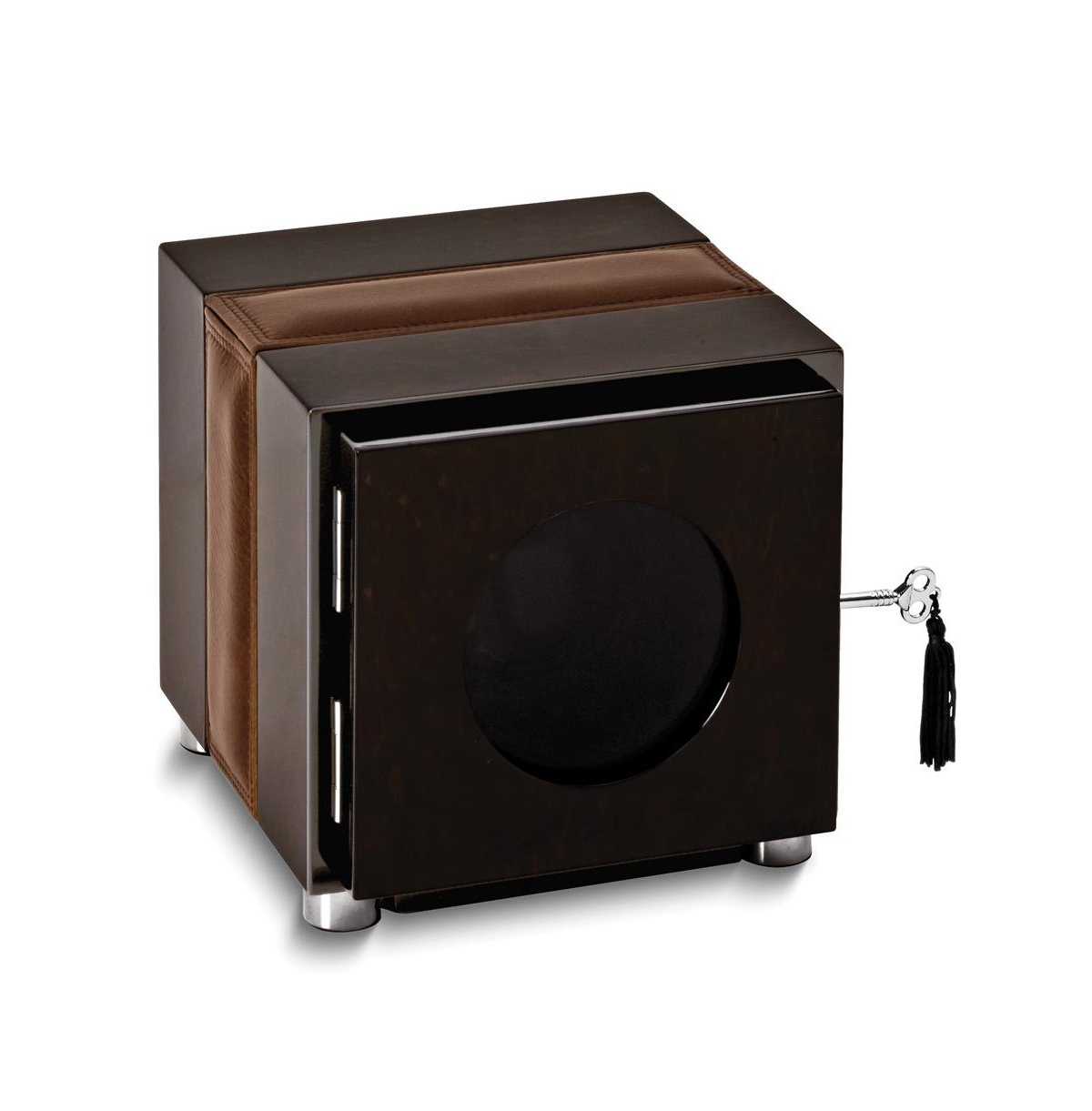 High Gloss Finish Wood Leather Trimmed Locking Single Watch Winder - Brown
