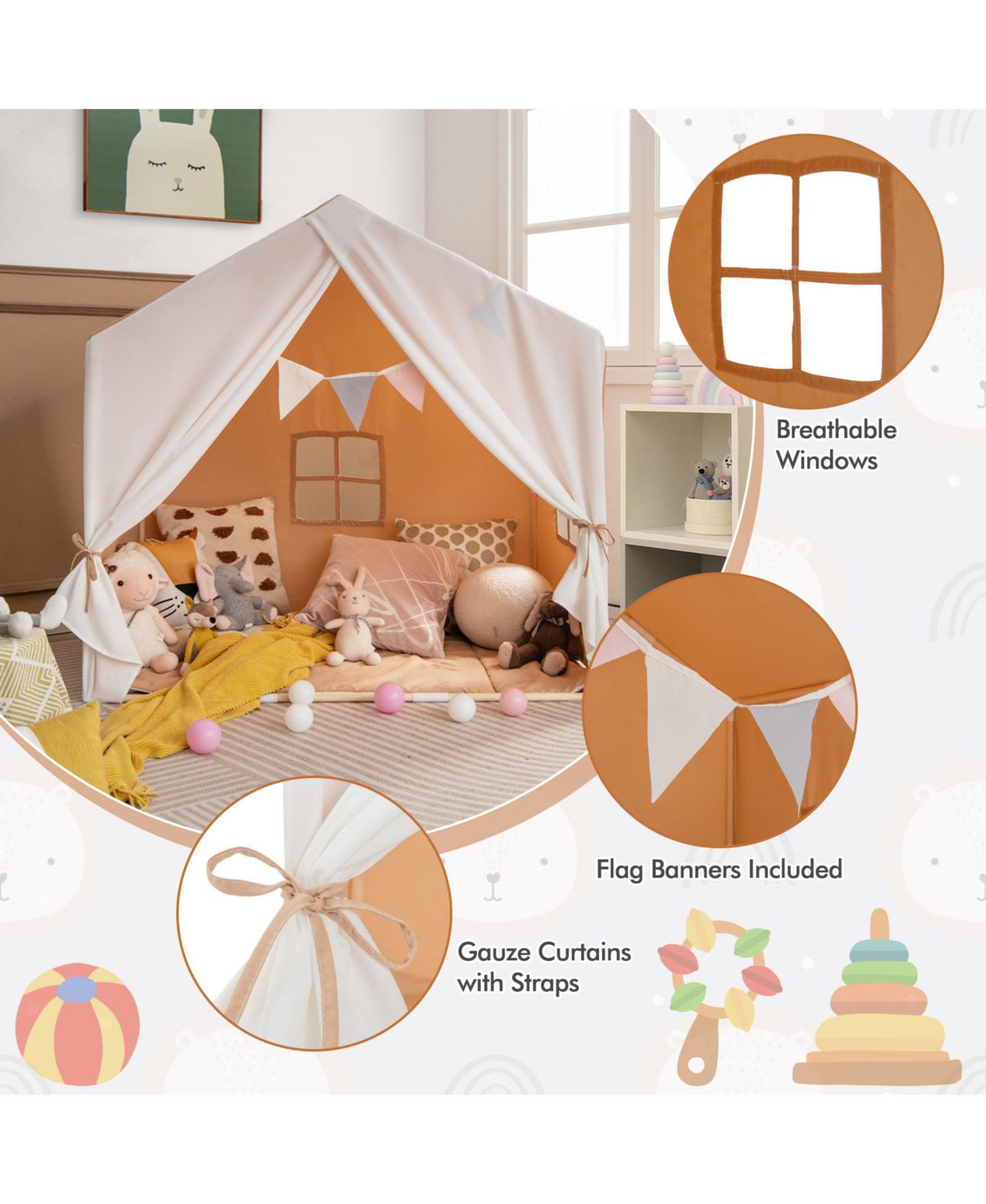 Детские игрушки SUGIFT Washable Cotton Mat 3-Piece Play Tent, Ages 3+, цвет: Оранжевый — фото 6