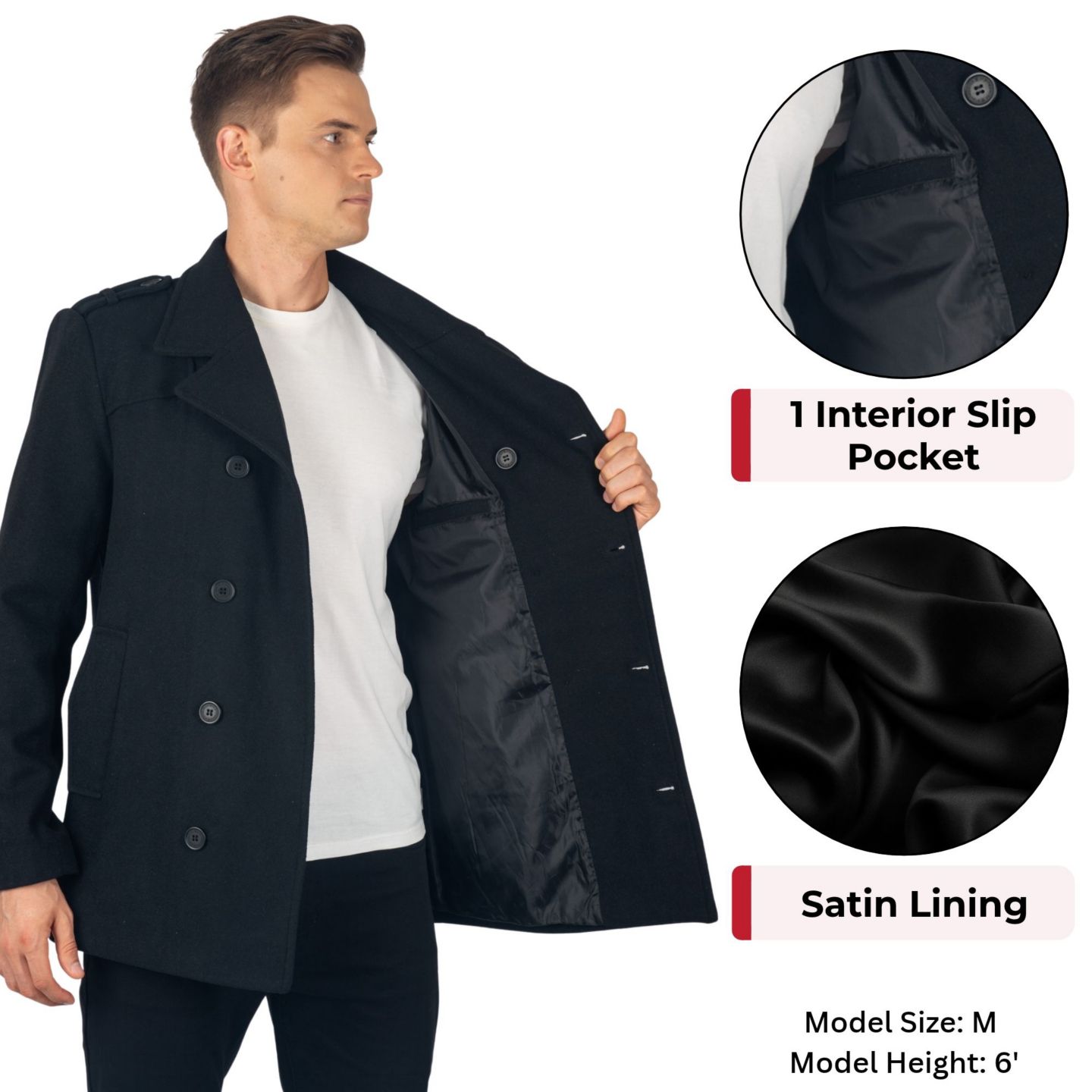 Мужское пальто Alpine Swiss Jake Pea Coat Wool Blend Double Breasted Dress Jacket Peacoat, цвет: Чёрный — фото 28