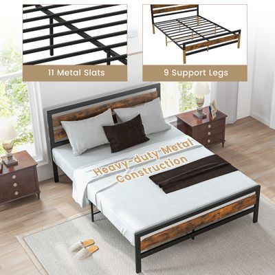 Queen Industrial Bed Frame with Rustic Headboard and Footboard-Queen Size