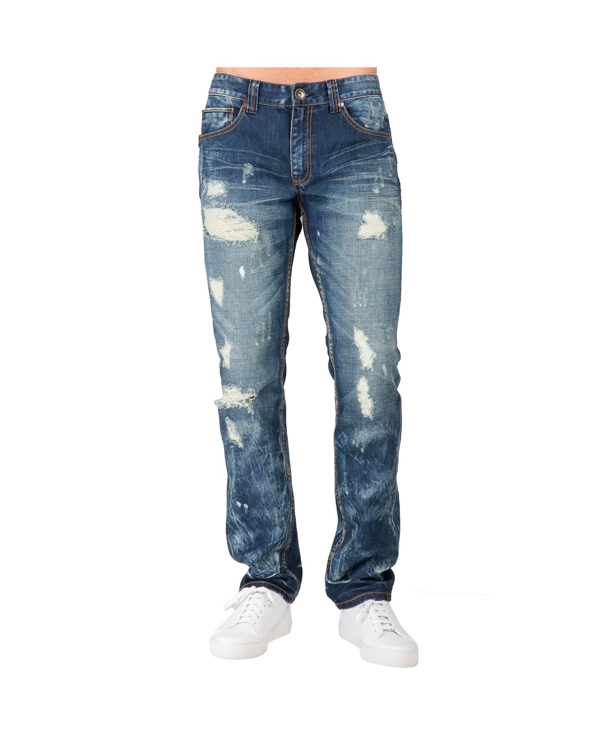 Men's Slim Straight Fit Denim Ripped Distressed Jeans - Battered blue