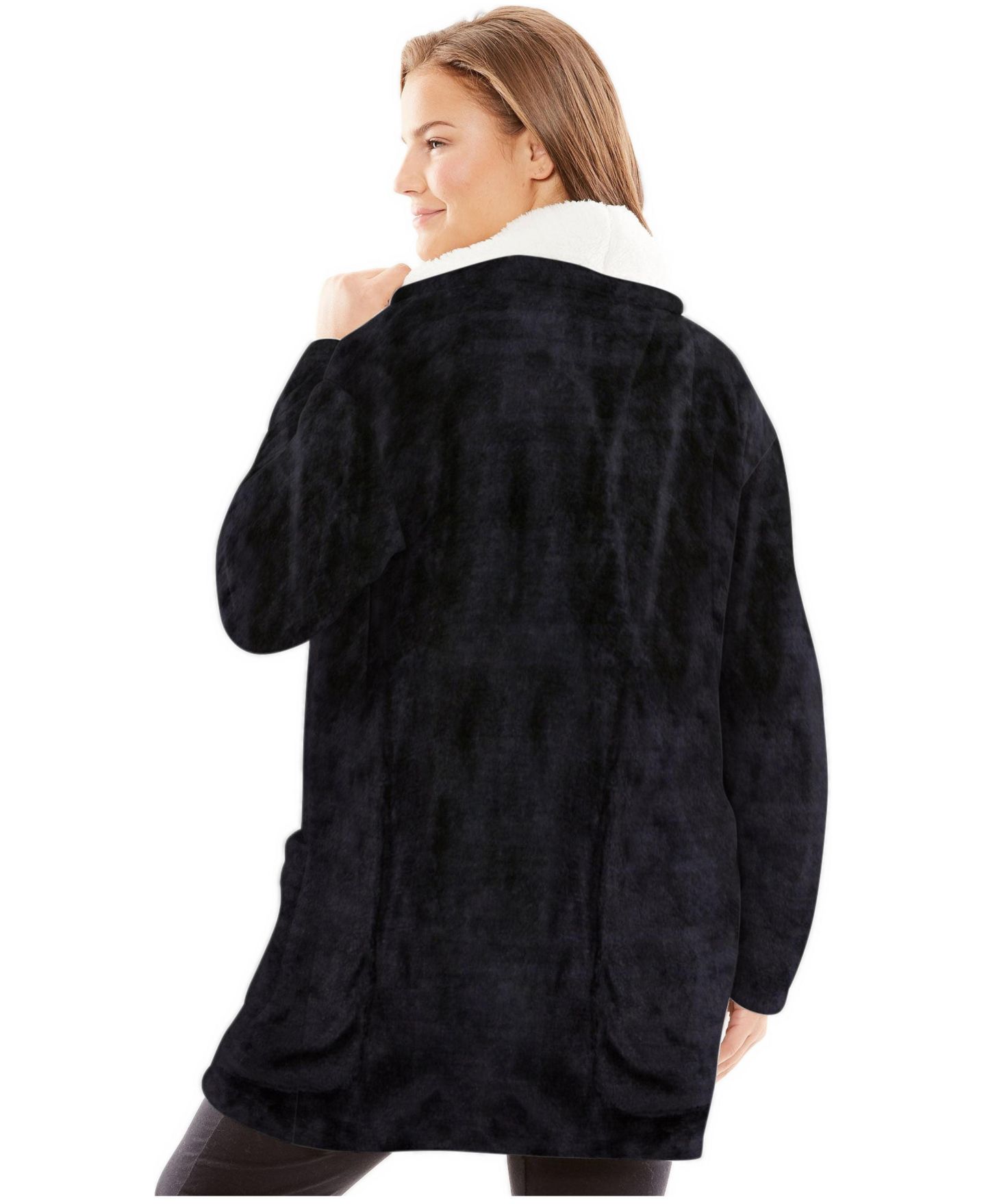 Женская куртка Dreams & Co. Plus Size Dreams and Co. Sherpa-Lined Microfleece Bed, цвет: Чёрный — фото 2
