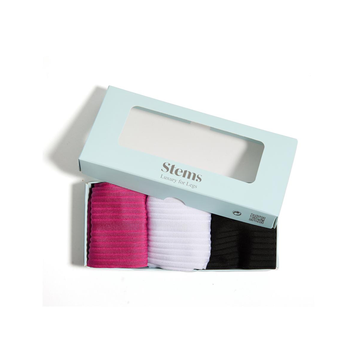 Stems Women's Silky Rib Italian Socks Box Of Three -white/black