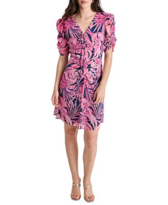 DKNY Petite Short-Sleeve Ruched V-Neck Chiffon Dress - Macy's