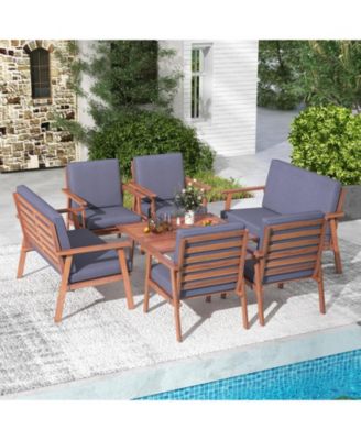 8 PCS Patio Conversation Set Acacia Wood Sofa Coffee Table with Cushioned Seat