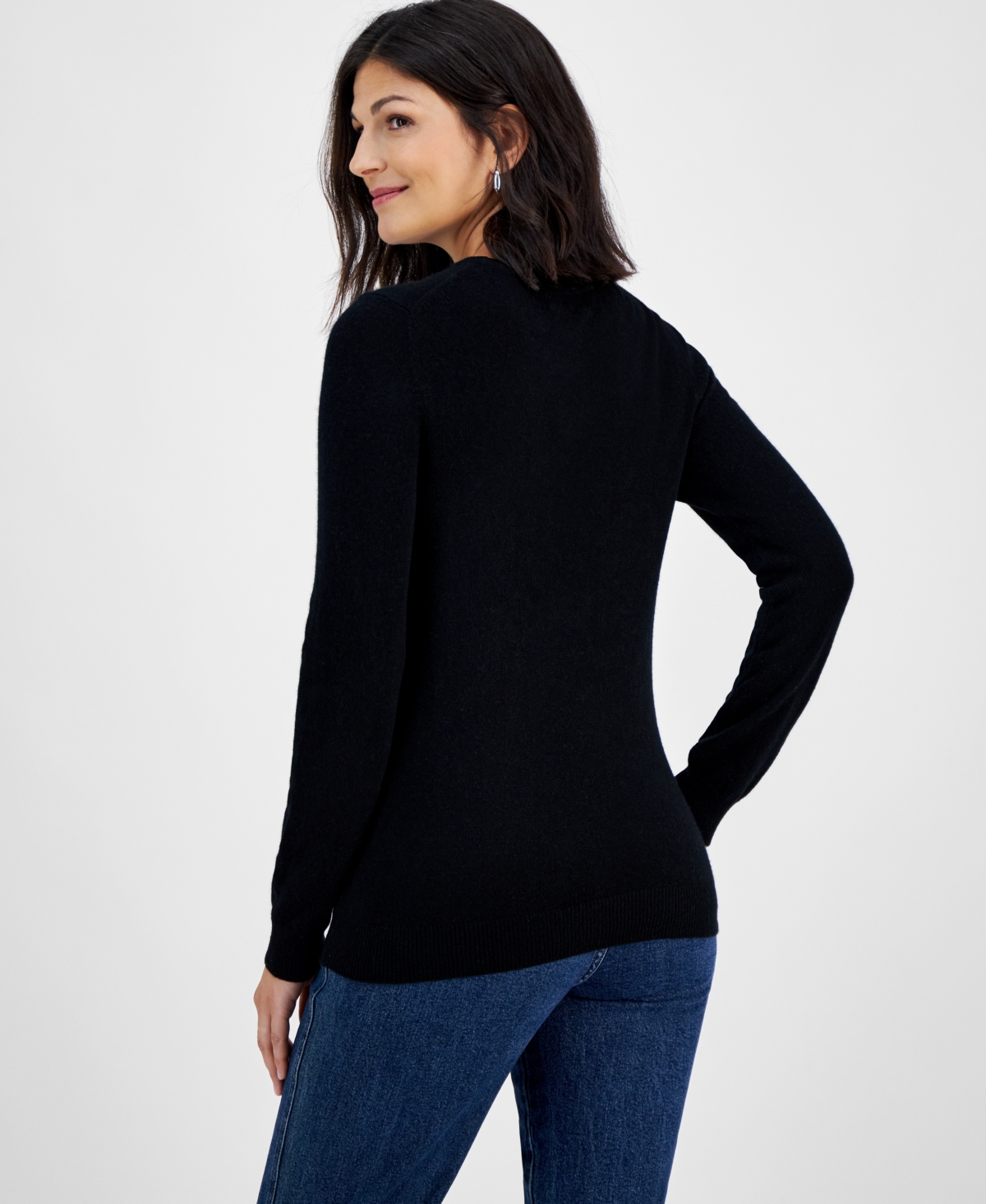 Charter Club 100% Cashmere Women's Petite Long-sleeve Crewneck Sweater, Created For Macy's In Classic Black