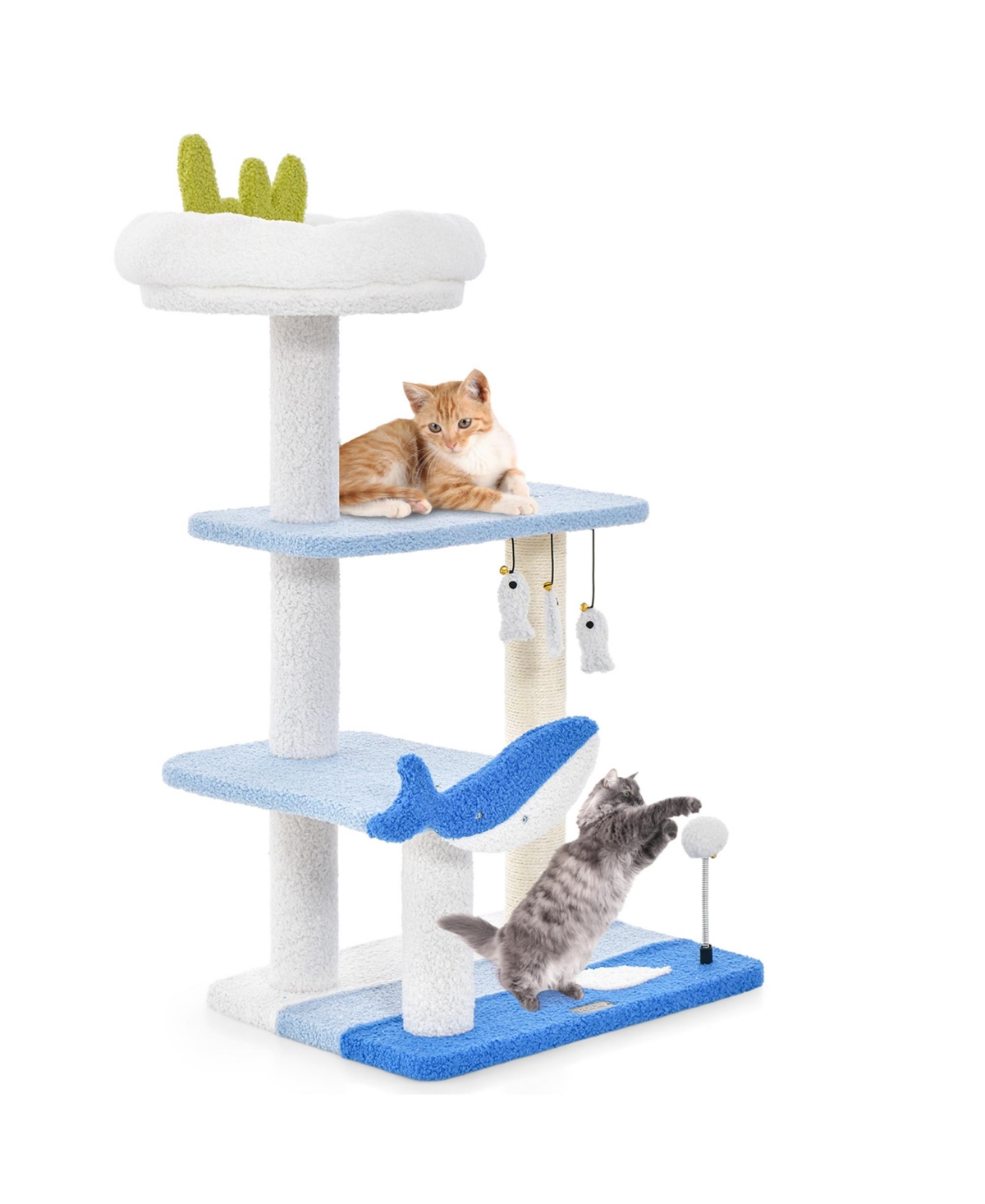 Ocean-themed Cat Tree with Sisal Covered Scratching Posts Hanging Interactive Toys - Blue