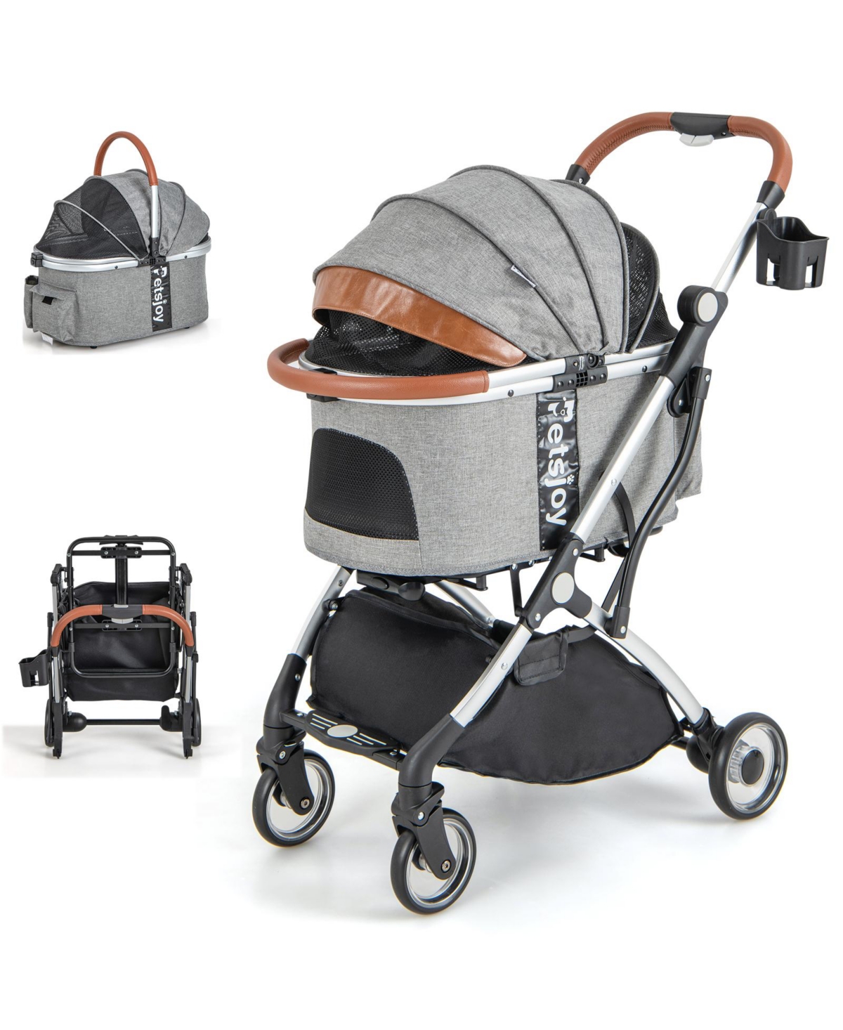 Foldable Dog Cat Stroller with Removable Waterproof Cover - Grey