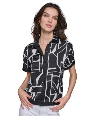 KARL LAGERFELD PARIS - Women's Geo-Print Short-Sleeve Button Blouse